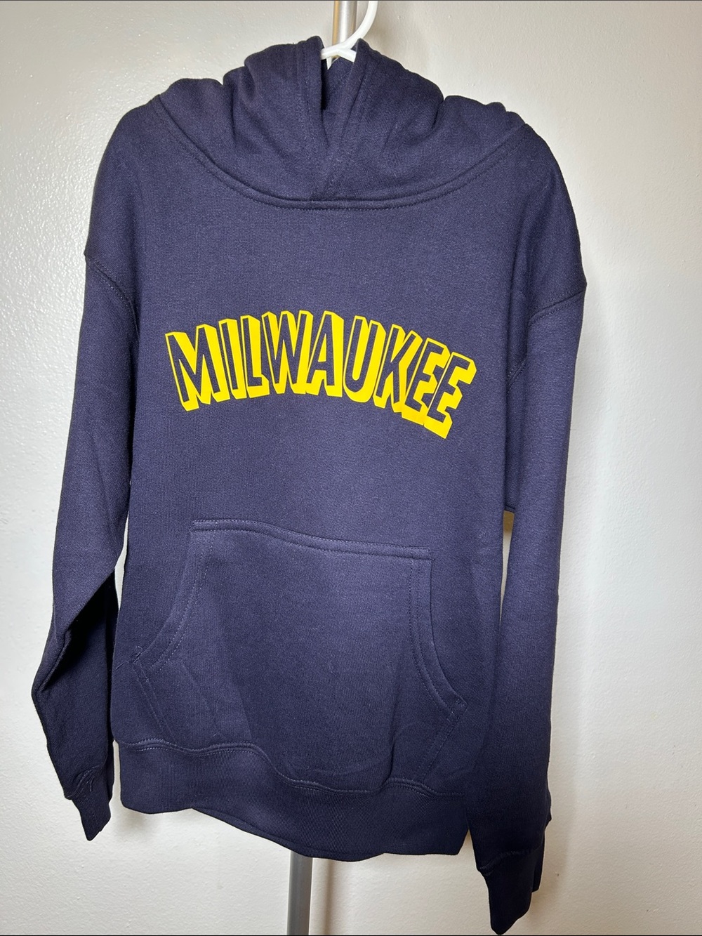 Daxton Navy Hoodie with Yellow "MILWAUKEE" Script Youth Size Medium